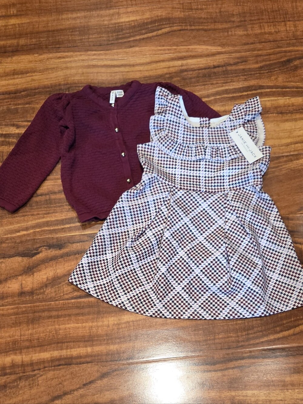 Janie and Jack NWT/EUC 18-24 Months Burgundy Cardigan and Houndstooth Dress
